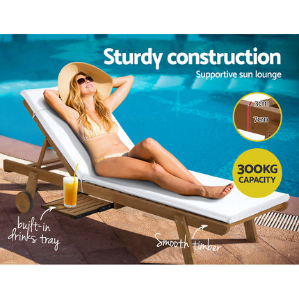 Gardeon Sun Lounge Wooden Lounger Outdoor Furniture Day Bed Wheels Patio White.