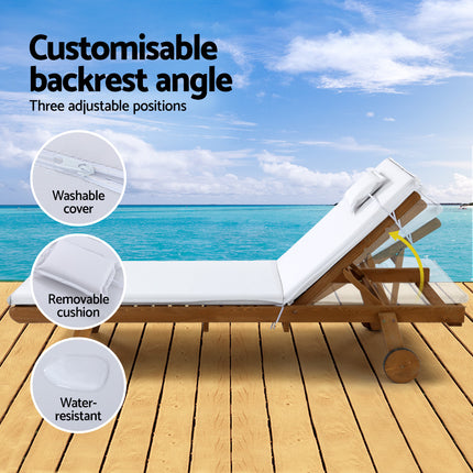 Gardeon Sun Lounge Wooden Lounger Outdoor Furniture Day Bed Wheels Patio White.