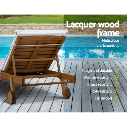 Gardeon Sun Lounge Wooden Lounger Outdoor Furniture Day Bed Wheels Patio White.