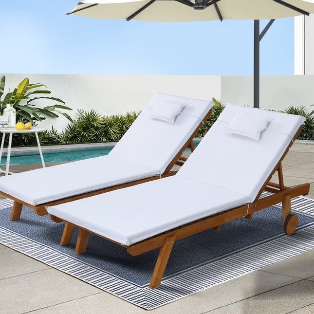 Gardeon 2x Sun Lounge Wooden Lounger Outdoor Furniture Day Bed Wheel Patio White.
