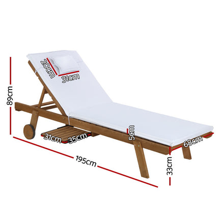 Gardeon 2x Sun Lounge Wooden Lounger Outdoor Furniture Day Bed Wheel Patio White.