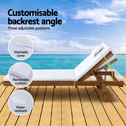 Gardeon 2x Sun Lounge Wooden Lounger Outdoor Furniture Day Bed Wheel Patio White.