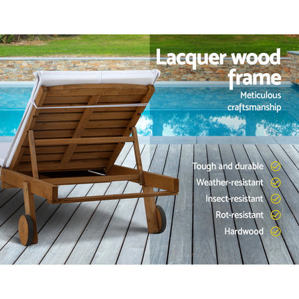 Gardeon 2x Sun Lounge Wooden Lounger Outdoor Furniture Day Bed Wheel Patio White.