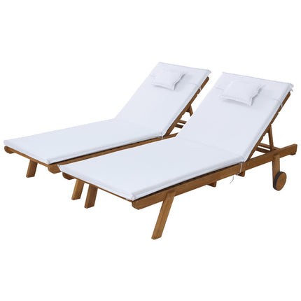 Gardeon 2x Sun Lounge Wooden Lounger Outdoor Furniture Day Bed Wheel Patio White.