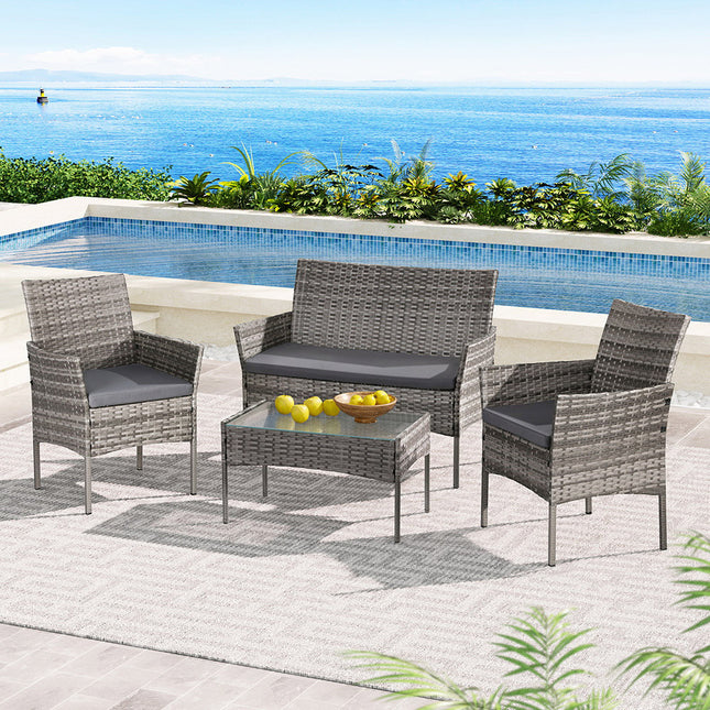 Gardeon 4 Seater Outdoor Sofa Set Wicker Setting Table Chair Furniture Grey.