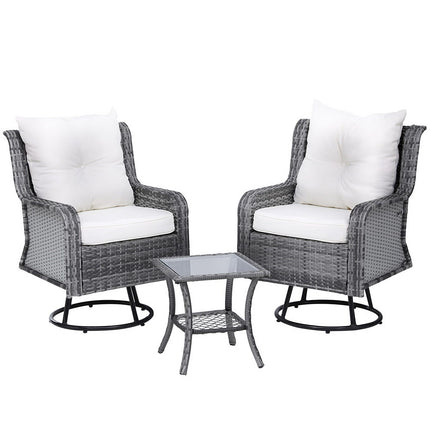Gardeon 3PC Outdoor Furniture Bistro Set Lounge Wicker Swivel Chairs Table Cushion Grey.