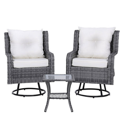 Gardeon 3PC Outdoor Furniture Bistro Set Lounge Wicker Swivel Chairs Table Cushion Grey.