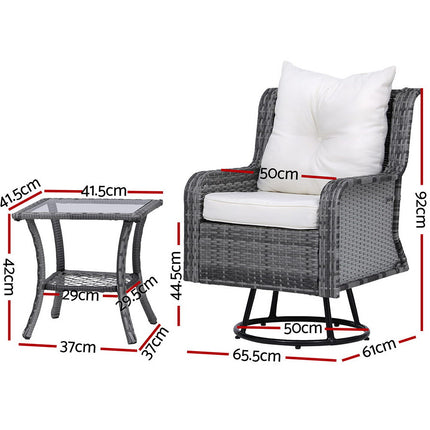 Gardeon 3PC Outdoor Furniture Bistro Set Lounge Wicker Swivel Chairs Table Cushion Grey.