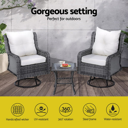 Gardeon 3PC Outdoor Furniture Bistro Set Lounge Wicker Swivel Chairs Table Cushion Grey.