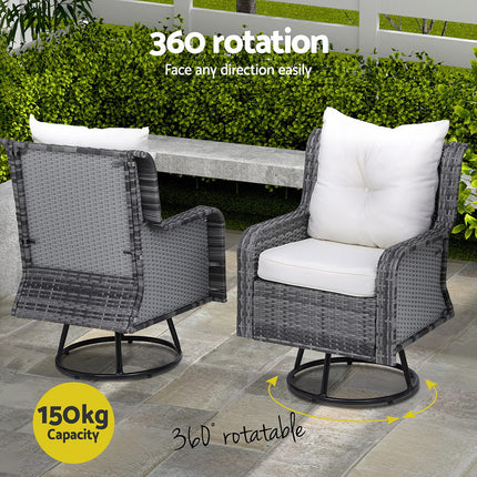 Gardeon 3PC Outdoor Furniture Bistro Set Lounge Wicker Swivel Chairs Table Cushion Grey.