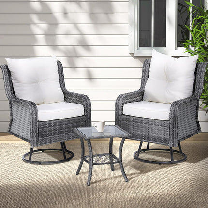 Gardeon 3PC Outdoor Furniture Bistro Set Lounge Wicker Swivel Chairs Table Cushion Grey.