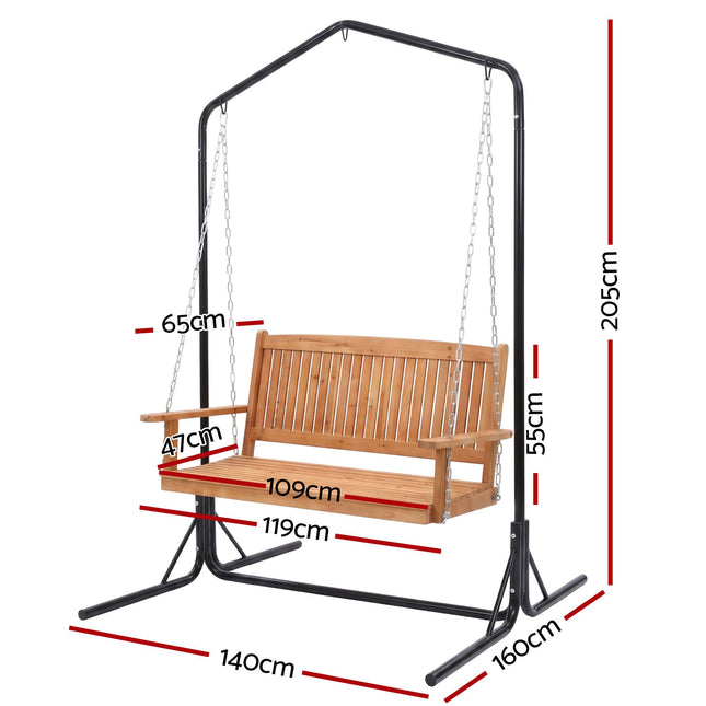 Gardeon Wooden 2-Seater Outdoor Swing Chair with Black Stand Hanging Chair Patio Furniture