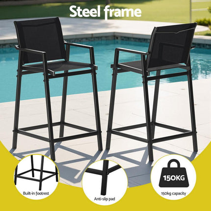 Gardeon 2PC Outdoor Bar Stools Steel Dining Chairs Patio Furniture Garden Black.