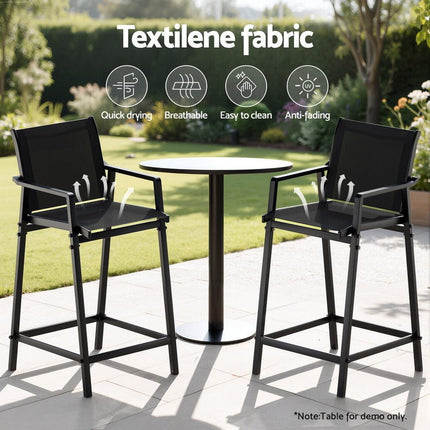 Gardeon 2PC Outdoor Bar Stools Steel Dining Chairs Patio Furniture Garden Black.