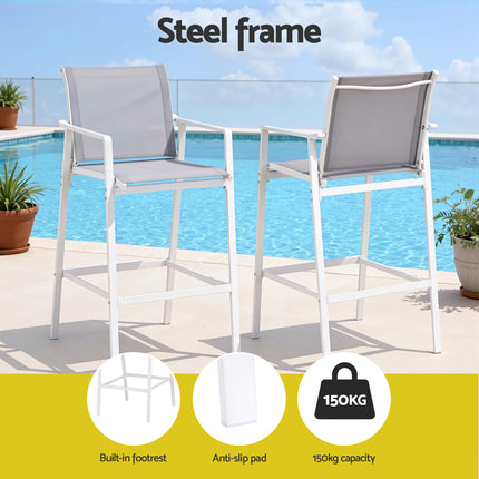 Gardeon 2PC Outdoor Bar Stools Dining Chairs Patio Furniture Garden Steel Textilene White.