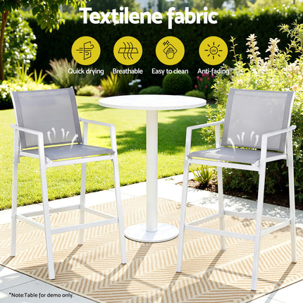 Gardeon 2PC Outdoor Bar Stools Dining Chairs Patio Furniture Garden Steel Textilene White.