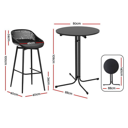 Gardeon 3PC Outdoor Bar Set Stools Dining Chairs Table Patio Furniture Bistro Set Black.