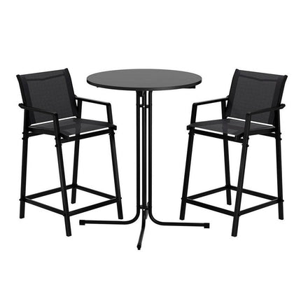 Gardeon 3PC Outdoor Bar Set Stools Dining Chairs Table Patio Furniture Bistro Set Steel Black.