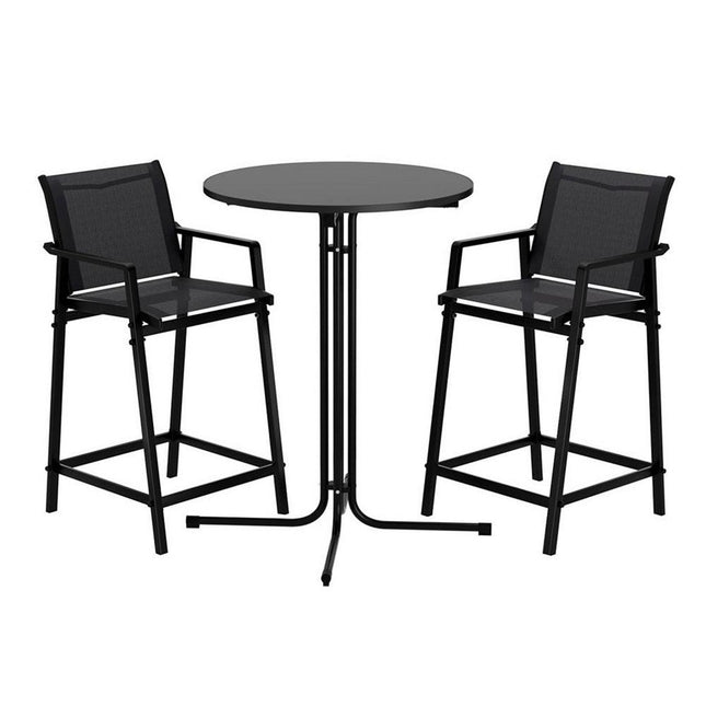 Gardeon 3PC Outdoor Bar Set Stools Dining Chairs Table Patio Furniture Bistro Set Steel Black.