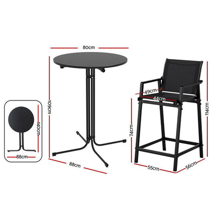 Gardeon 3PC Outdoor Bar Set Stools Dining Chairs Table Patio Furniture Bistro Set Steel Black.
