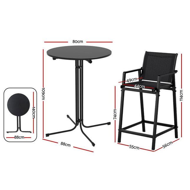 Gardeon 3PC Outdoor Bar Set Stools Dining Chairs Table Patio Furniture Bistro Set Steel Black.