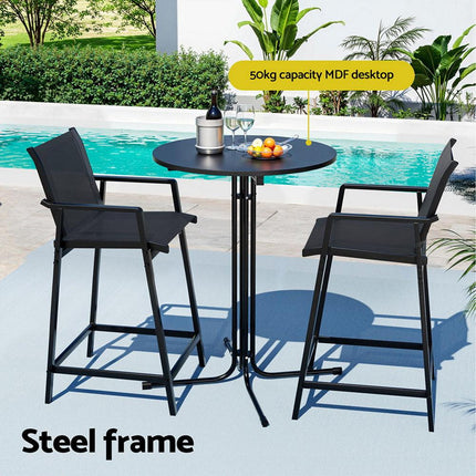 Gardeon 3PC Outdoor Bar Set Stools Dining Chairs Table Patio Furniture Bistro Set Steel Black.