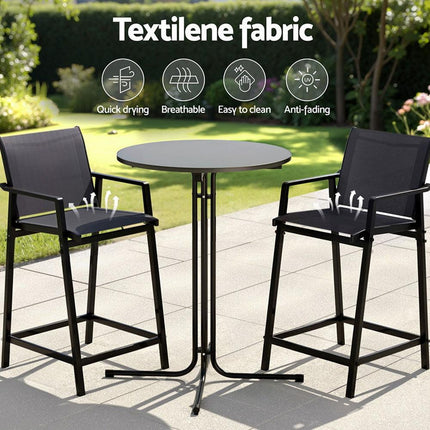 Gardeon 3PC Outdoor Bar Set Stools Dining Chairs Table Patio Furniture Bistro Set Steel Black.