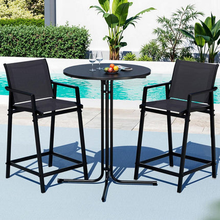 Gardeon 3PC Outdoor Bar Set Stools Dining Chairs Table Patio Furniture Bistro Set Steel Black.