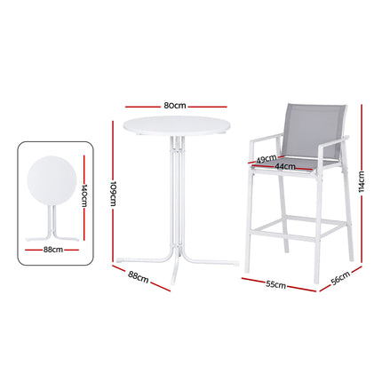 Gardeon 3PC Outdoor Bar Set Stools Dining Chairs Table Patio Furniture Bistro Set Steel White.