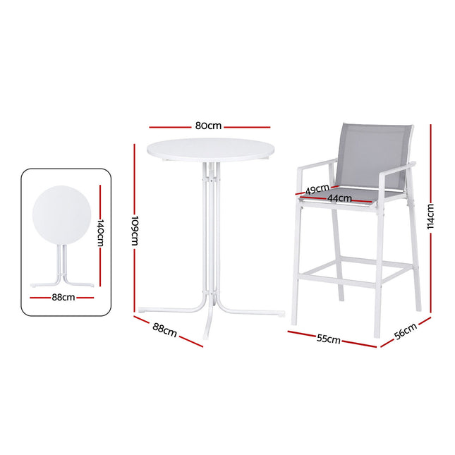 Gardeon 3PC Outdoor Bar Set Stools Dining Chairs Table Patio Furniture Bistro Set Steel White.