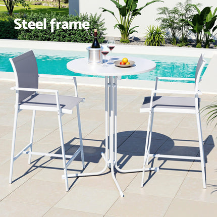 Gardeon 3PC Outdoor Bar Set Stools Dining Chairs Table Patio Furniture Bistro Set Steel White.