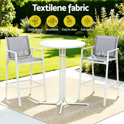 Gardeon 3PC Outdoor Bar Set Stools Dining Chairs Table Patio Furniture Bistro Set Steel White.