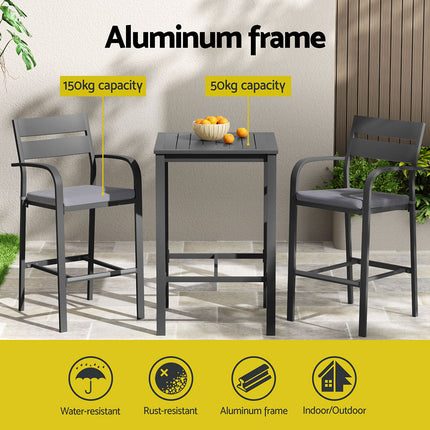 Gardeon 3Pcs Outdoor Bar Set Stools Dining Chairs Table Patio Aluminium Bistro Set Black.