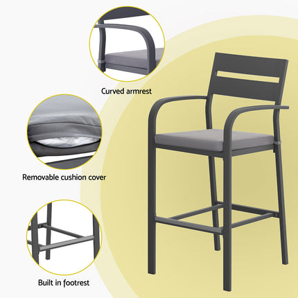 Gardeon 3Pcs Outdoor Bar Set Stools Dining Chairs Table Patio Aluminium Bistro Set Black.
