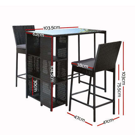 Gardeon 3-Piece Outdoor Bar Set Patio Dining Chairs Wicker Table Stools.