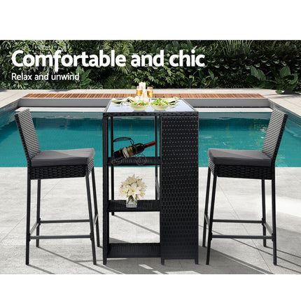 Gardeon 3-Piece Outdoor Bar Set Patio Dining Chairs Wicker Table Stools.