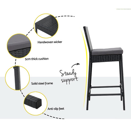 Gardeon 3-Piece Outdoor Bar Set Patio Dining Chairs Wicker Table Stools.