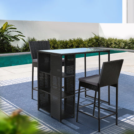 Gardeon 3-Piece Outdoor Bar Set Patio Dining Chairs Wicker Table Stools.