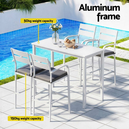Gardeon Outdoor Bar Set 5-Piece Patio Dining Chairs Aluminium Table Stools White.
