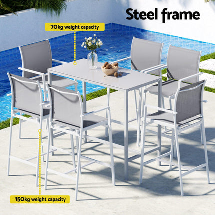 Gardeon 7PCS Outdoor Bar Set Stools Dining Chairs Table Patio Steel Bistro Set White.