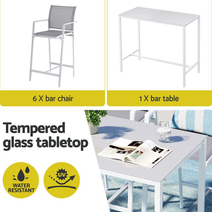 Gardeon 7PCS Outdoor Bar Set Stools Dining Chairs Table Patio Steel Bistro Set White.