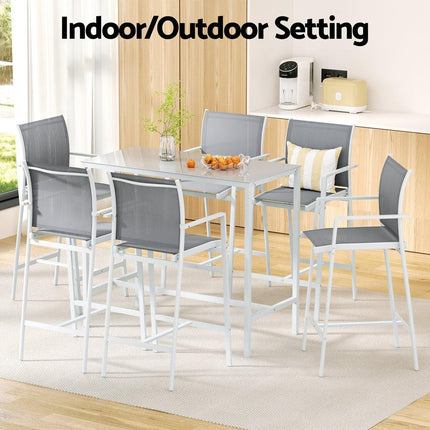 Gardeon 7PCS Outdoor Bar Set Stools Dining Chairs Table Patio Steel Bistro Set White.