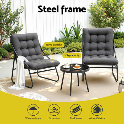 Gardeon 3PC Outdoor Bistro Set Patio Furniture Table and Chairs Steel Dining Chair.