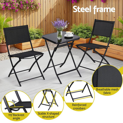 Gardeon Outdoor Bistro Set Folding Table and Chairs Patio Furniture Garden Steel Black.
