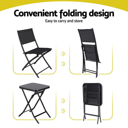 Gardeon Outdoor Bistro Set Folding Table and Chairs Patio Furniture Garden Steel Black.