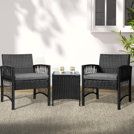 Gardeon 3PC Outdoor Bistro Set Patio Furniture Wicker Dining Chairs Table Cushion Black.