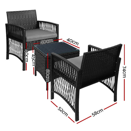 Gardeon 3PC Outdoor Bistro Set Patio Furniture Wicker Dining Chairs Table Cushion Black.