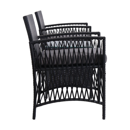 Gardeon 3PC Outdoor Bistro Set Patio Furniture Wicker Dining Chairs Table Cushion Black.