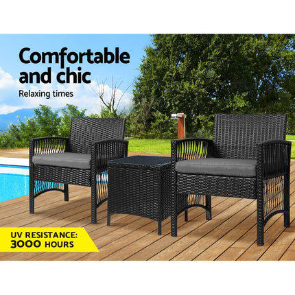 Gardeon 3PC Outdoor Bistro Set Patio Furniture Wicker Dining Chairs Table Cushion Black.