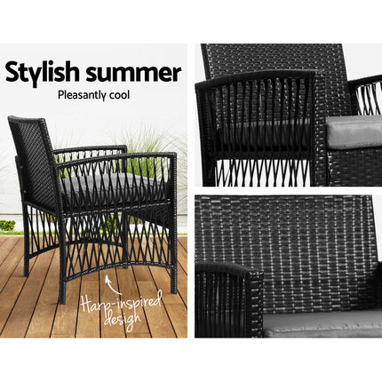 Gardeon 3PC Outdoor Bistro Set Patio Furniture Wicker Dining Chairs Table Cushion Black.